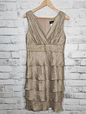 Bellissima Gold Tiered Cocktail Party Dress Beaded Sleeveless Size 10